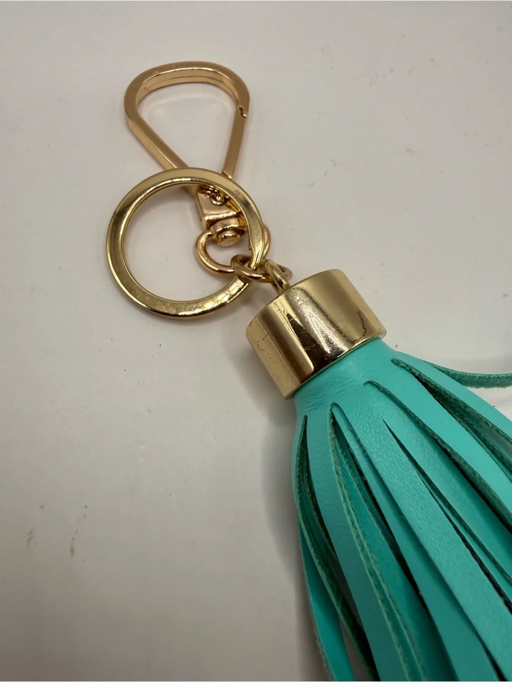 Turquoise & Black Leather Tassel Keychain with Gold-Toned Swivel Hook and Ring